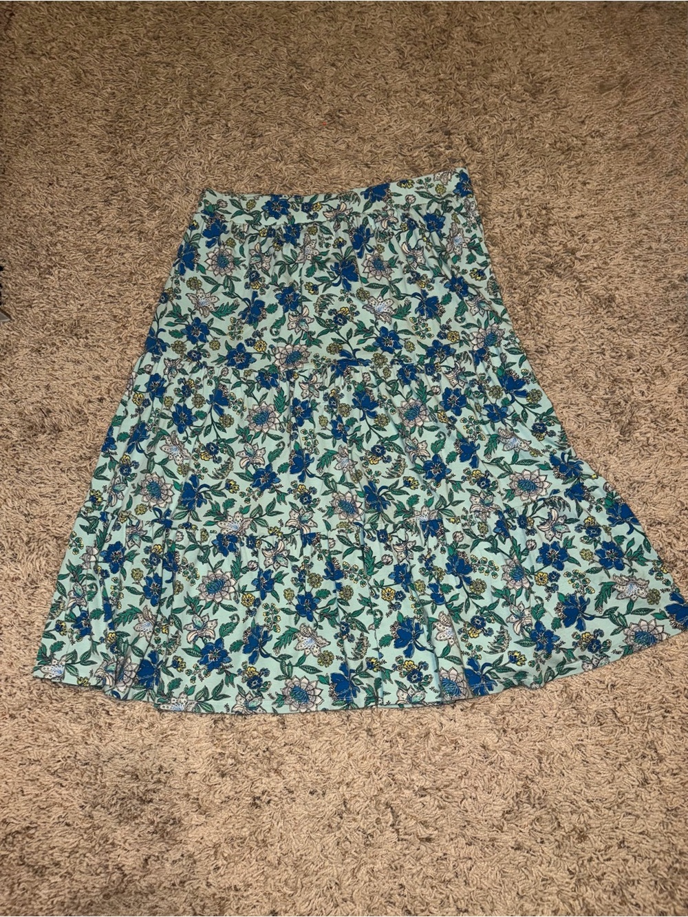 Lands' End Floral Tiered Maxi Skirt in Aqua and Blue